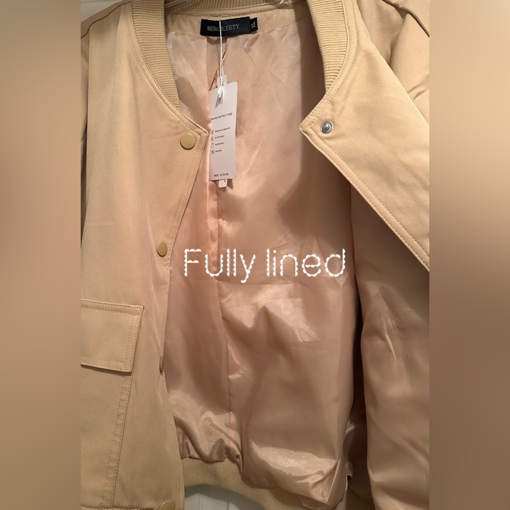 NWT Merokeety Women’s Cropped‎ Snap Front Crew Neck Bomber Jacket Khaki Size XL - Picture 5 of 8